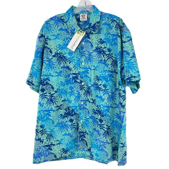 Rum Reggae Hawaiian Batik Camp Shirt "Tuitti Fruity" Aqua Men's Size Large NWT - Picture 1 of 16